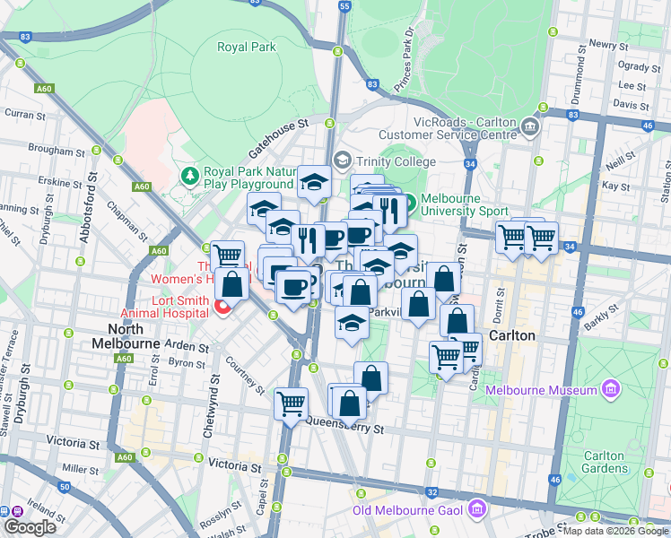 map of restaurants, bars, coffee shops, grocery stores, and more near 30 Royal Parade in Parkville