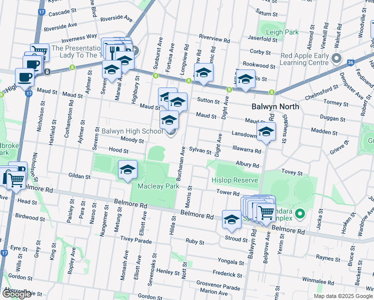 map of restaurants, bars, coffee shops, grocery stores, and more near 47 Buchanan Avenue in Balwyn North