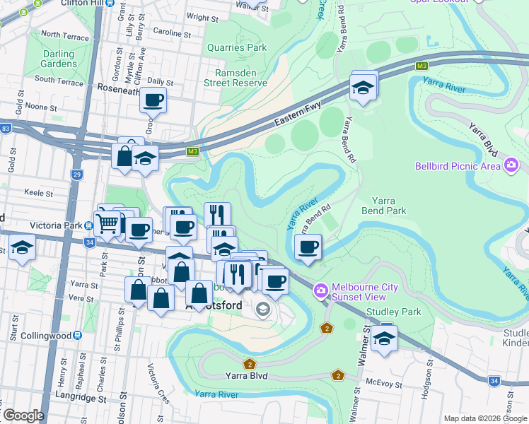 map of restaurants, bars, coffee shops, grocery stores, and more near in Kew