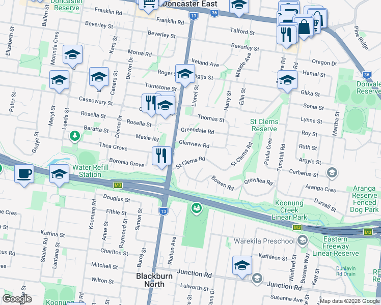 map of restaurants, bars, coffee shops, grocery stores, and more near 17 Saint Clems Road in Doncaster East