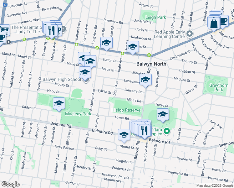 map of restaurants, bars, coffee shops, grocery stores, and more near 43 Dight Avenue in Balwyn North
