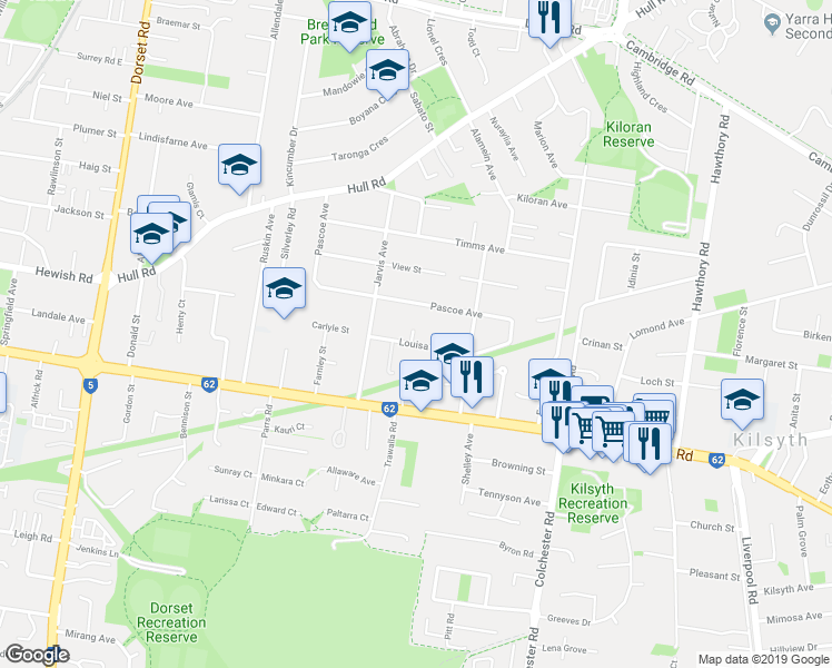 map of restaurants, bars, coffee shops, grocery stores, and more near 13 Louisa Street in Croydon