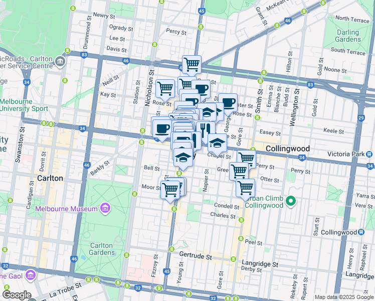 map of restaurants, bars, coffee shops, grocery stores, and more near 284 Brunswick Street in Fitzroy