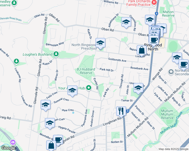 map of restaurants, bars, coffee shops, grocery stores, and more near 49 Evelyn Road in Ringwood North