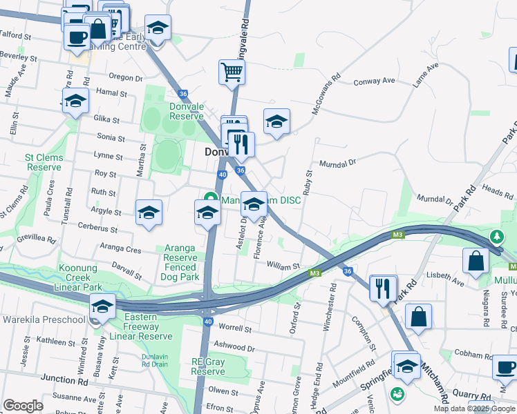 map of restaurants, bars, coffee shops, grocery stores, and more near 122 Mitcham Road in Donvale