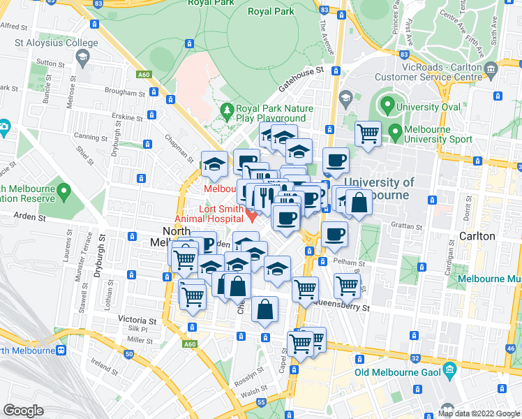 map of restaurants, bars, coffee shops, grocery stores, and more near 69 Flemington Road in North Melbourne