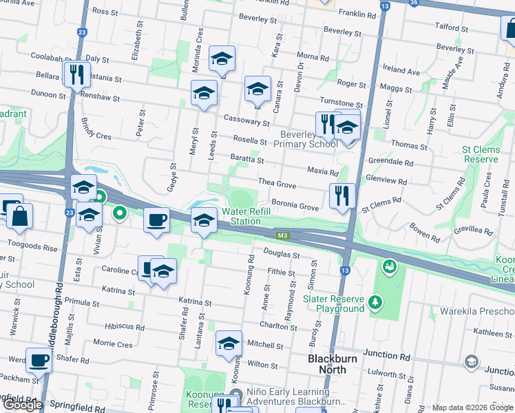 map of restaurants, bars, coffee shops, grocery stores, and more near 46 Boronia Grove in Doncaster East