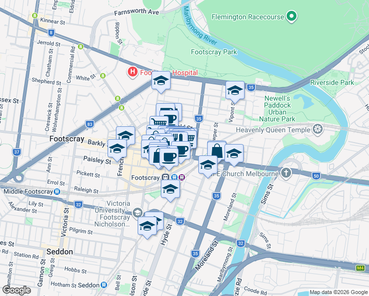 map of restaurants, bars, coffee shops, grocery stores, and more near 17 Byron Street in Footscray