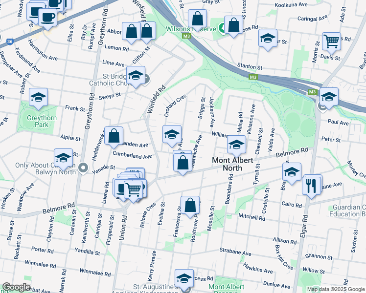 map of restaurants, bars, coffee shops, grocery stores, and more near 18A Belgravia Avenue in Mont Albert North