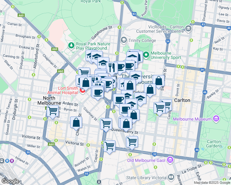 map of restaurants, bars, coffee shops, grocery stores, and more near 792 Elizabeth Street in Melbourne