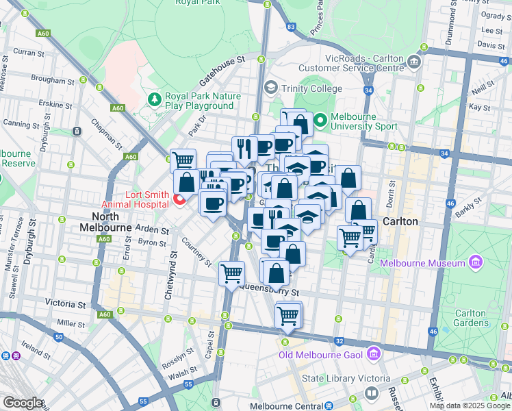 map of restaurants, bars, coffee shops, grocery stores, and more near 792 Elizabeth Street in Melbourne