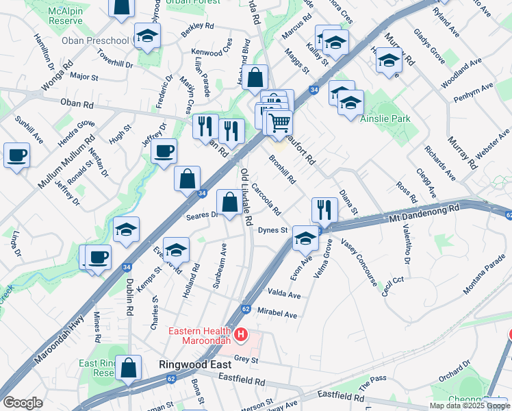 map of restaurants, bars, coffee shops, grocery stores, and more near 1 Wyrunga Street in Ringwood East