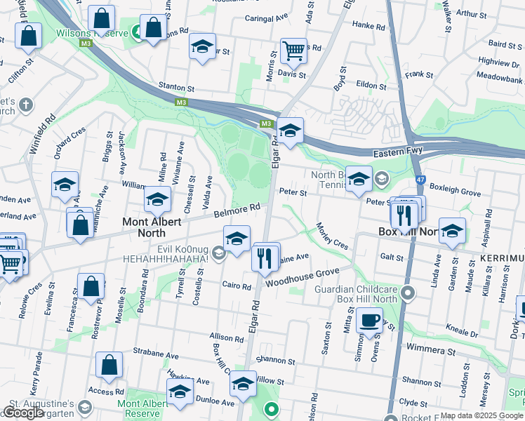 map of restaurants, bars, coffee shops, grocery stores, and more near 649 Elgar Road in Mont Albert North