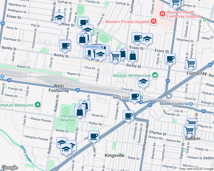 map of restaurants, bars, coffee shops, grocery stores, and more near 98 Cross Street in West Footscray