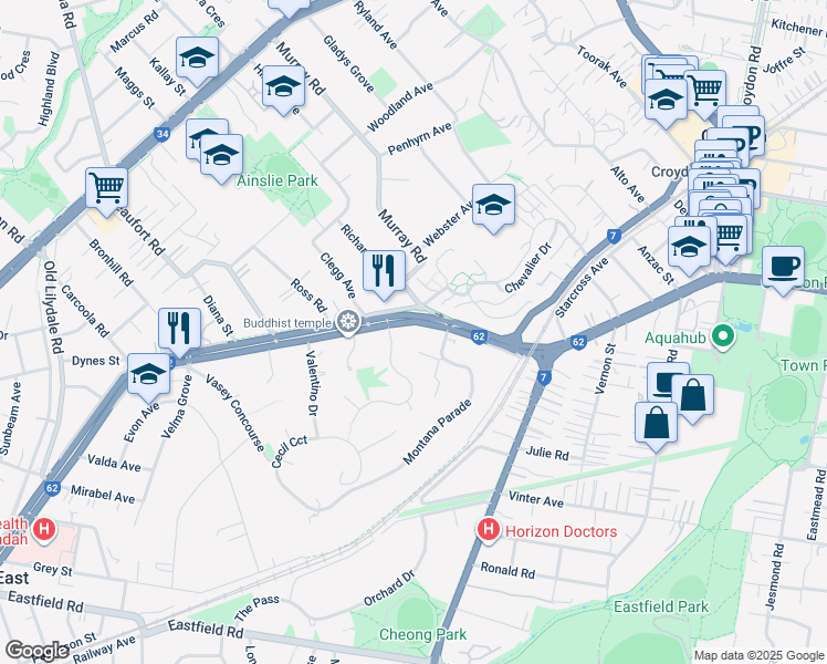 map of restaurants, bars, coffee shops, grocery stores, and more near 80 Mount Dandenong Road in Croydon