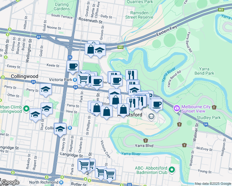 map of restaurants, bars, coffee shops, grocery stores, and more near 436 Johnston Street in Abbotsford