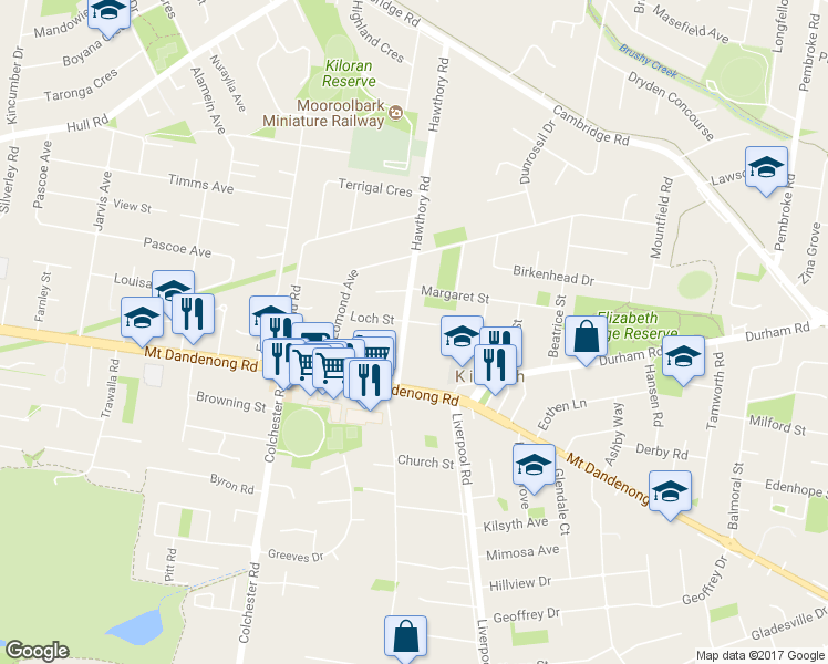 map of restaurants, bars, coffee shops, grocery stores, and more near 18 Hawthory Road in Kilsyth