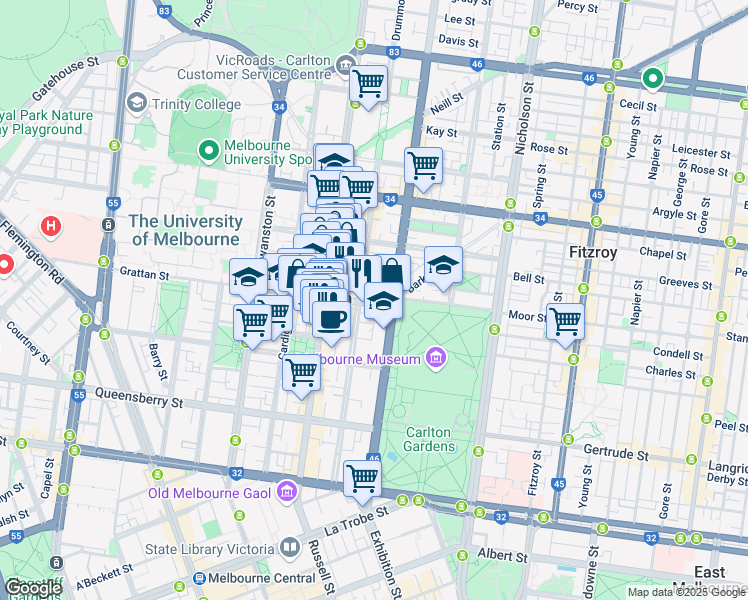 map of restaurants, bars, coffee shops, grocery stores, and more near 22 Grattan Street in Melbourne