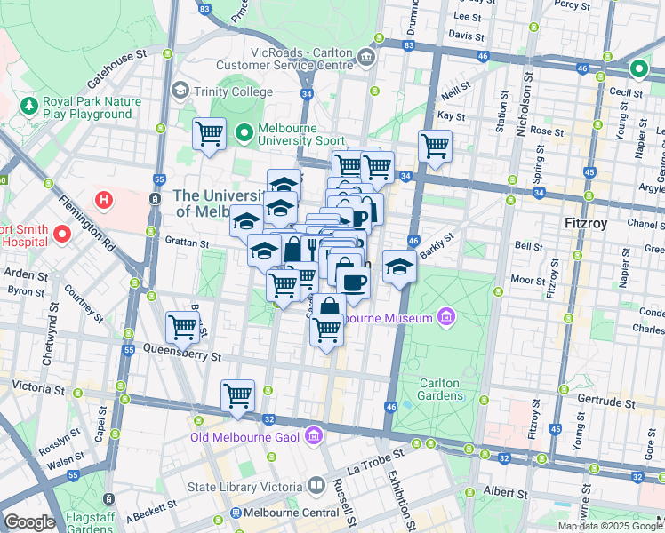 map of restaurants, bars, coffee shops, grocery stores, and more near 101 Grattan Street in Carlton