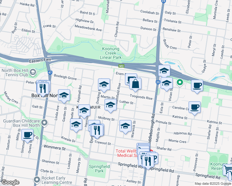 map of restaurants, bars, coffee shops, grocery stores, and more near 65 Heathfield Rise in Box Hill North