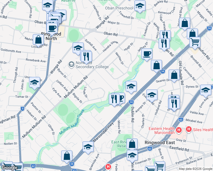 map of restaurants, bars, coffee shops, grocery stores, and more near 24 Glencairn Avenue in Ringwood