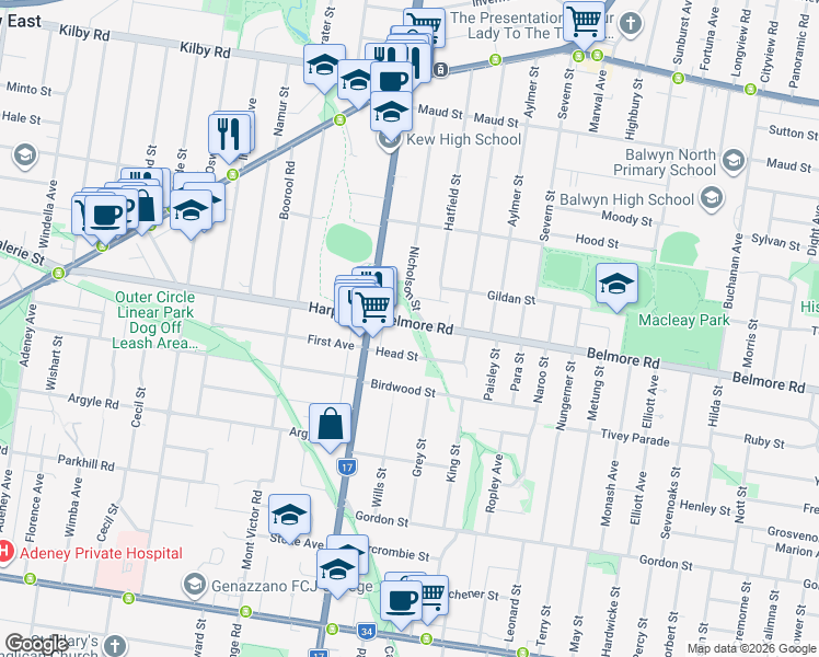 map of restaurants, bars, coffee shops, grocery stores, and more near 12A Belmore Road in Balwyn
