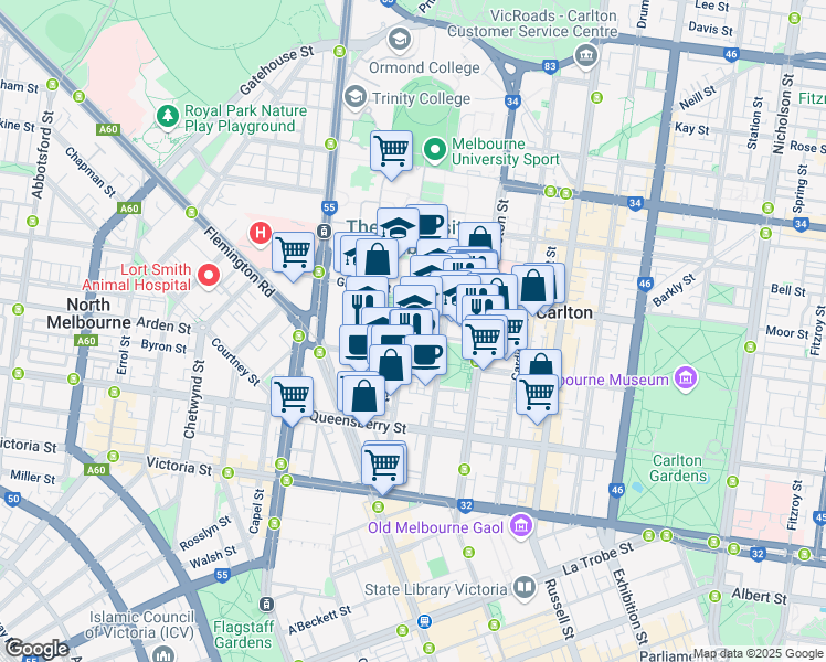map of restaurants, bars, coffee shops, grocery stores, and more near 200 Leicester Street in Carlton