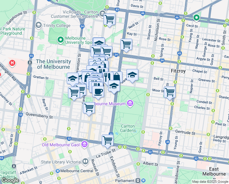 map of restaurants, bars, coffee shops, grocery stores, and more near 237 Rathdowne Street in Carlton