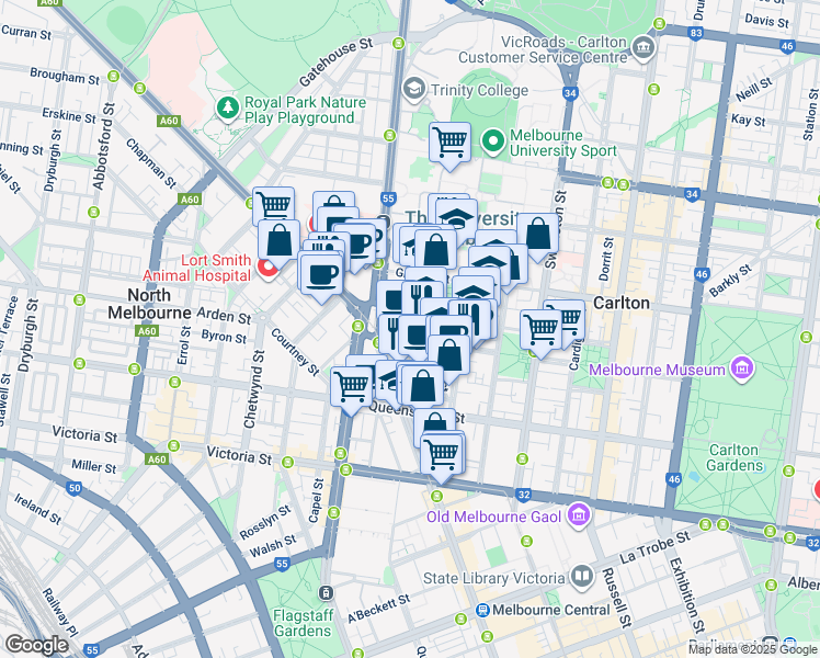map of restaurants, bars, coffee shops, grocery stores, and more near Berkeley Street in Carlton