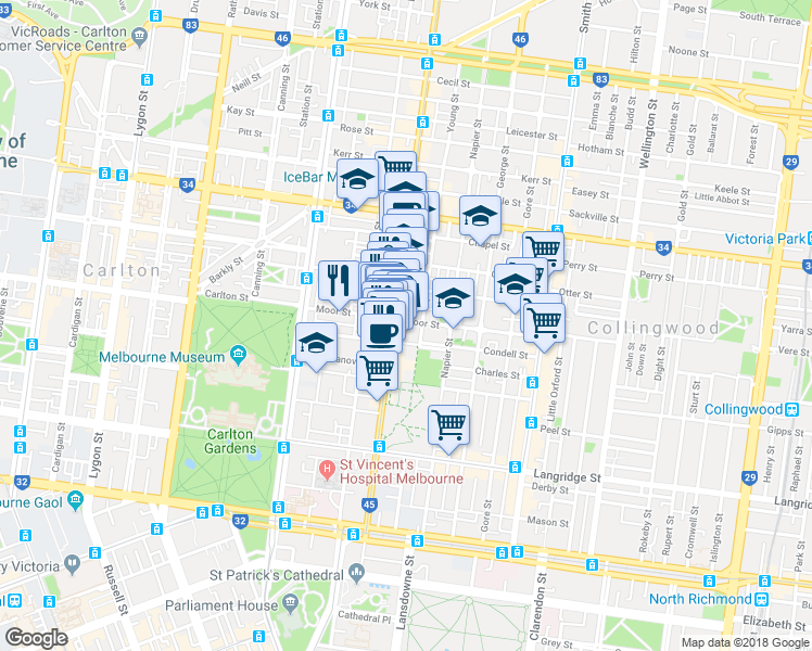map of restaurants, bars, coffee shops, grocery stores, and more near 110 Moor Street in Fitzroy