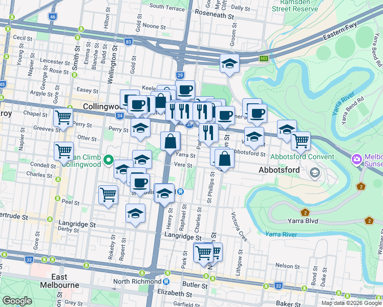 map of restaurants, bars, coffee shops, grocery stores, and more near 40 Yarra Street in Abbotsford