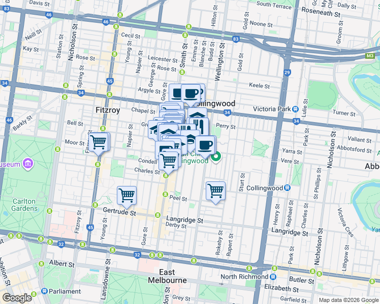 map of restaurants, bars, coffee shops, grocery stores, and more near 40 Stanley Street in Collingwood