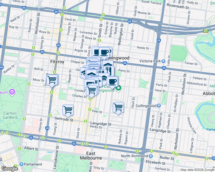 map of restaurants, bars, coffee shops, grocery stores, and more near 70 Stanley Street in Collingwood