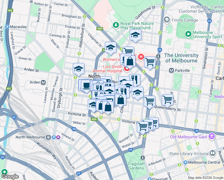 map of restaurants, bars, coffee shops, grocery stores, and more near 101 Leveson Street in North Melbourne