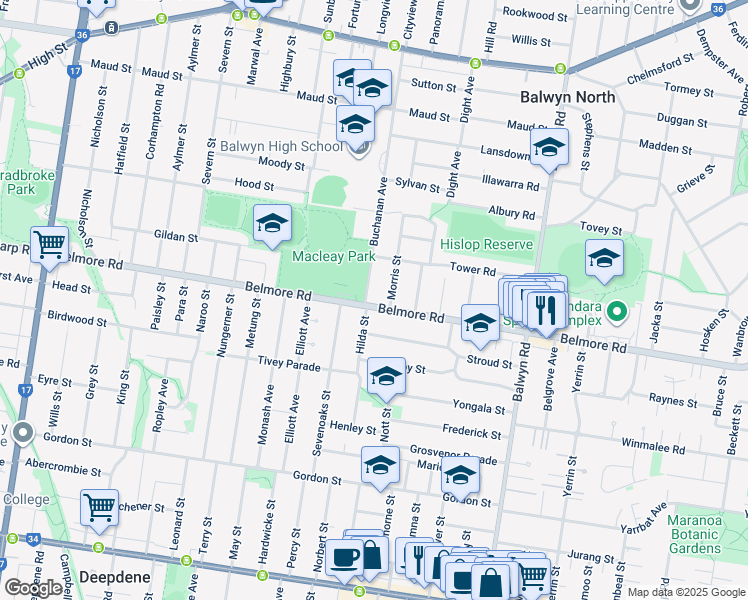 map of restaurants, bars, coffee shops, grocery stores, and more near 189 Belmore Road in Balwyn North