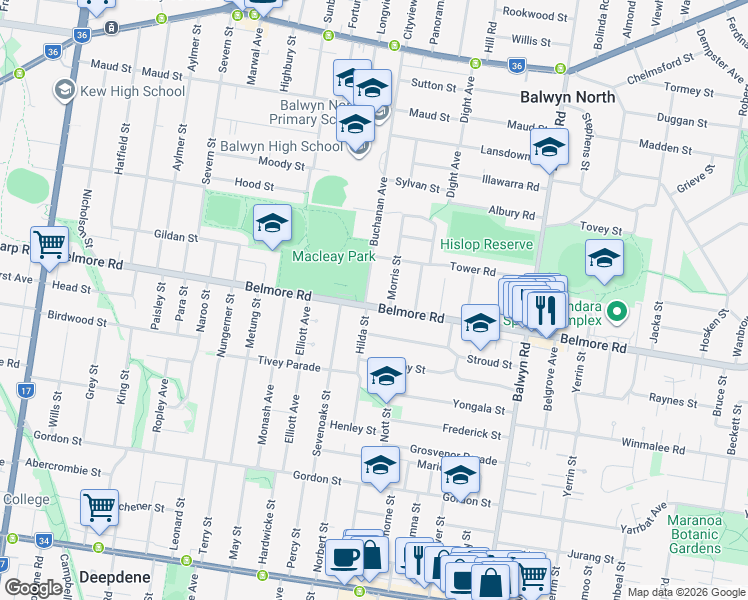 map of restaurants, bars, coffee shops, grocery stores, and more near 189 Belmore Road in Balwyn North