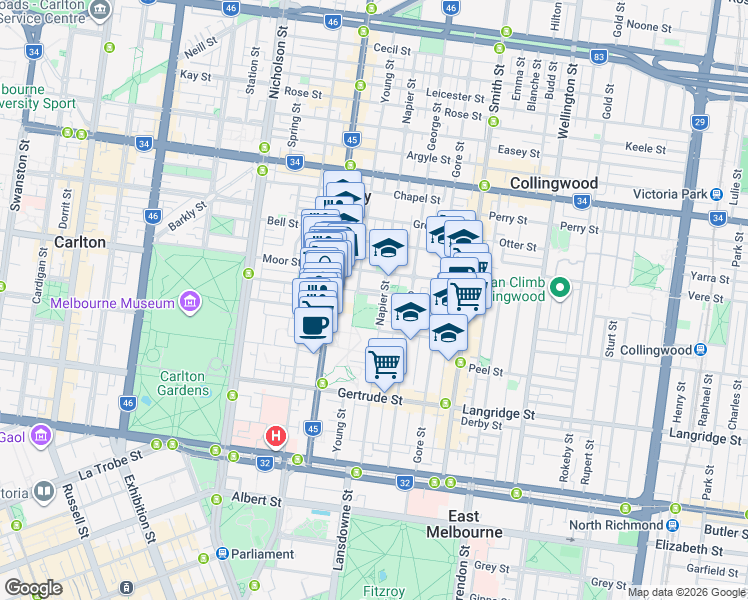 map of restaurants, bars, coffee shops, grocery stores, and more near 187 Napier Street in Fitzroy
