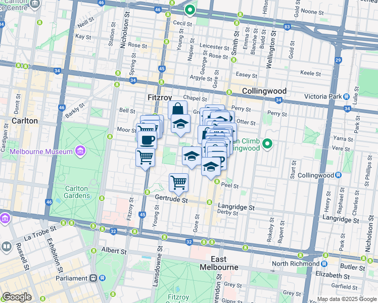 map of restaurants, bars, coffee shops, grocery stores, and more near 209 George Street in Fitzroy