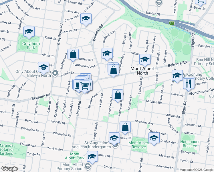 map of restaurants, bars, coffee shops, grocery stores, and more near 56 Relowe Crescent in Mont Albert North