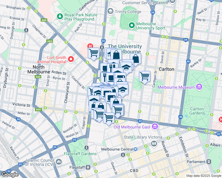 map of restaurants, bars, coffee shops, grocery stores, and more near Berkeley Street in Carlton