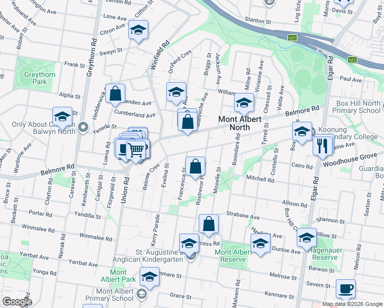 map of restaurants, bars, coffee shops, grocery stores, and more near 61 Relowe Crescent in Mont Albert North