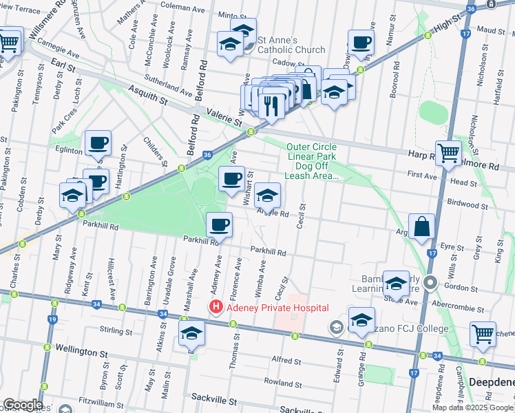 map of restaurants, bars, coffee shops, grocery stores, and more near 15 Argyle Road in Kew