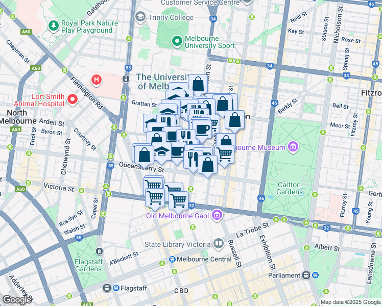 map of restaurants, bars, coffee shops, grocery stores, and more near 2 Lincoln Square South in Carlton