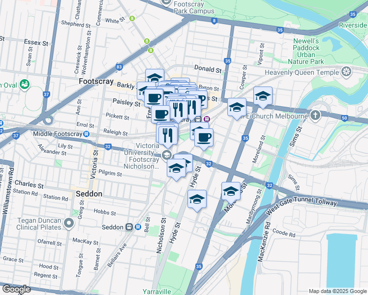 map of restaurants, bars, coffee shops, grocery stores, and more near 1 McNab Avenue in Footscray