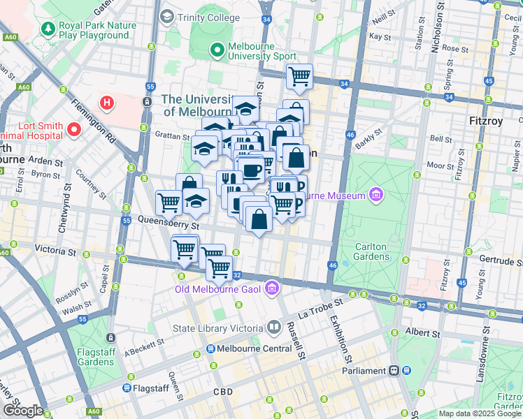 map of restaurants, bars, coffee shops, grocery stores, and more near 141 Cardigan Street in Carlton