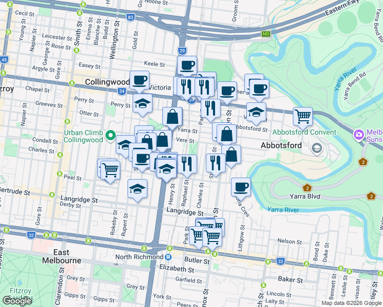 map of restaurants, bars, coffee shops, grocery stores, and more near 118 Park Street in Abbotsford