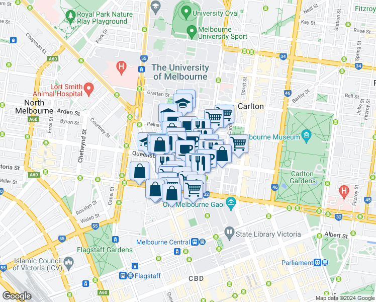 map of restaurants, bars, coffee shops, grocery stores, and more near 121 Bouverie Street in Carlton