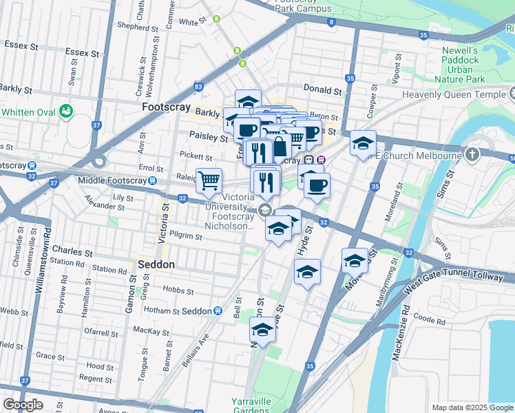 map of restaurants, bars, coffee shops, grocery stores, and more near 34 Buckley Street in Footscray