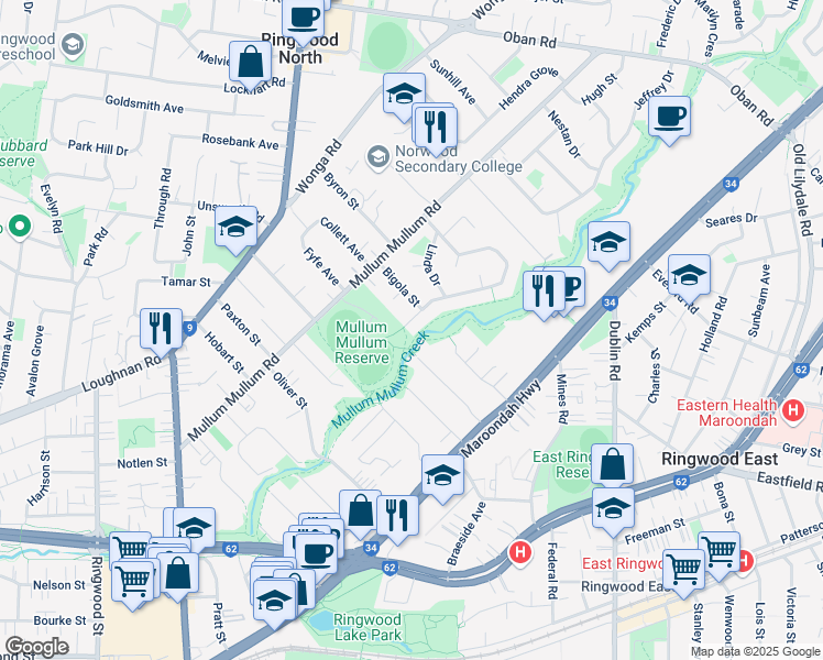 map of restaurants, bars, coffee shops, grocery stores, and more near 131 Sonia Street in Ringwood