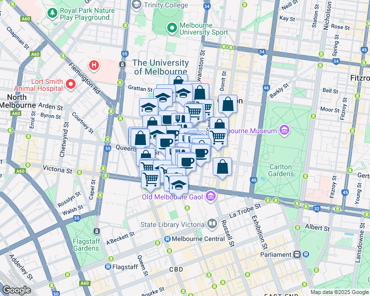map of restaurants, bars, coffee shops, grocery stores, and more near 613 Swanston Street in Carlton